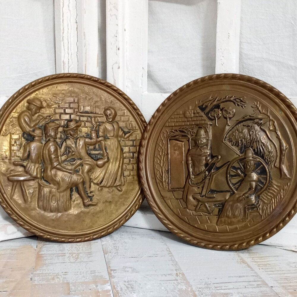 1950s English Brass Repousse Wall Plaque Pair Vintage Cottagecore Chateau Decor